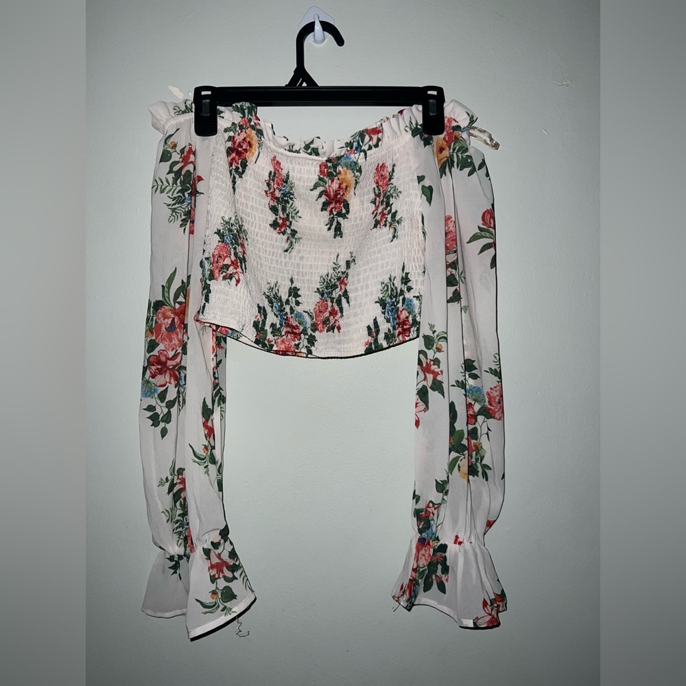 Flying Tomato Cream‎ Smocked Tie Front Long Sleeve Blouse